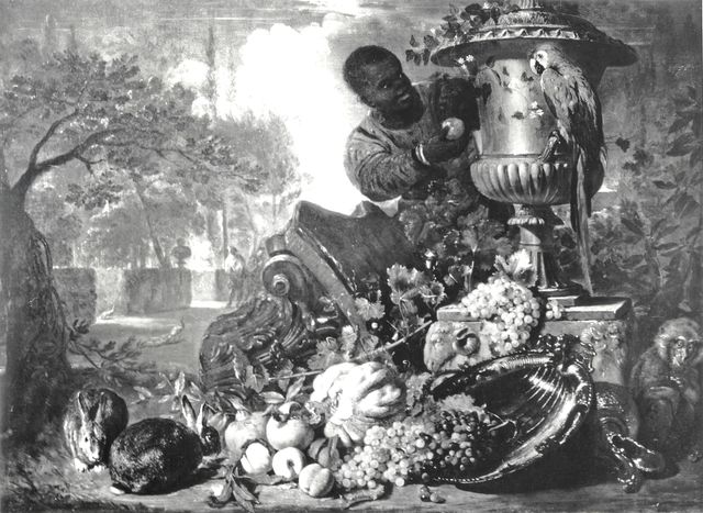 Anonimo — Coninck David de - sec. XVII/ XVIII - Natura morta con frutta, conigli, animali esotici e moro tra rovine classiche in un giardino — insieme